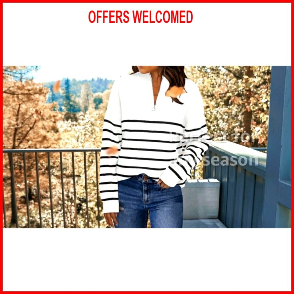 Quarter Zip Striped Oversized Sweater Mock Turtleneck Pullover - Picture 7 of 7